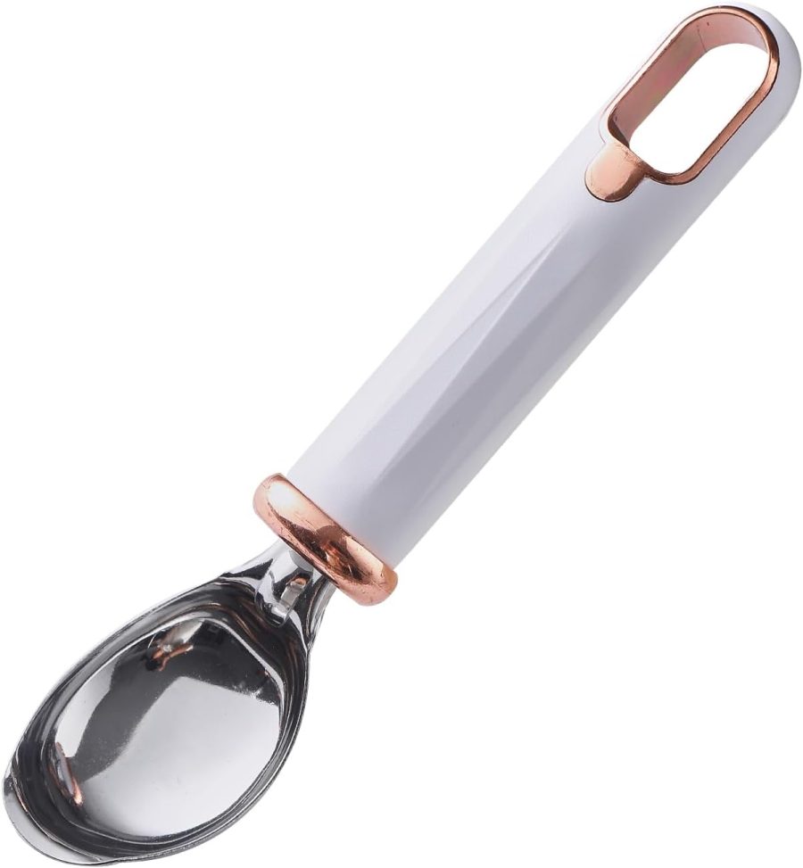 Ice Cream Scoop, Stainless Steel Icecream Scooper Nonstick with Ergonomically Handle, Professional Metal Ice Cream Scooper for Gelato, Sorbet, Cookie Dough, Melon, Dishwasher Safe - White