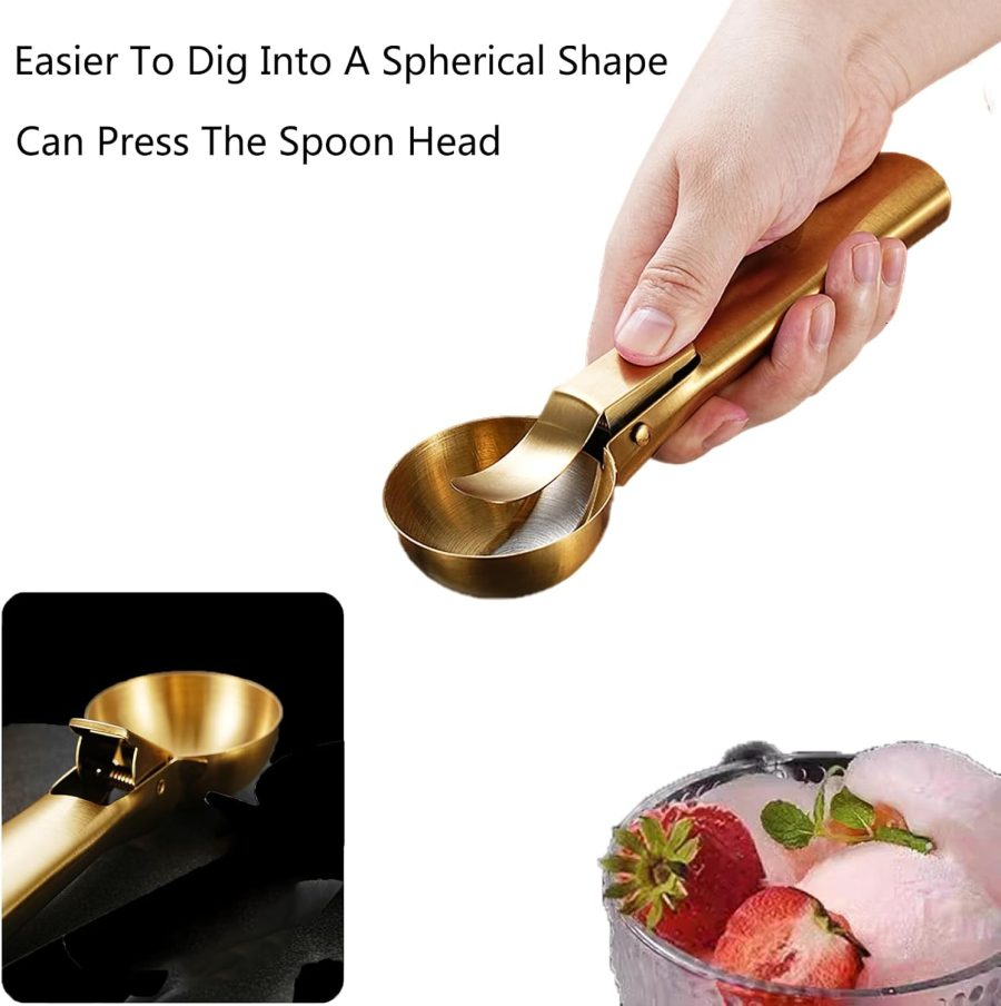 2 Pcs Ice Cream Scoop,Portable Stainless Steel Ice Cream Scoop, Icecream Scooper Spoon with Trigger Release for DIY Ice Cream,Fruit Scoop (Golden, Medium & Large) - Image 2
