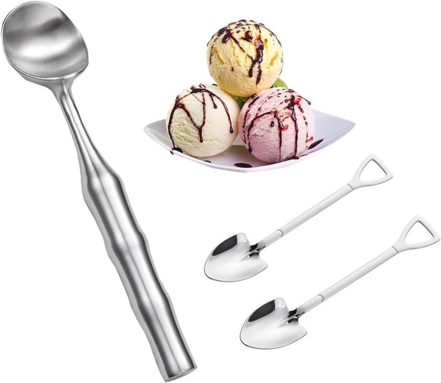 Stainless Steel Ice Cream Scoop with 2 Shovel Spoon,Heavy Duty Ice Cream Scoop,Ergonomically Designed Handle One-Piece Design,Dishwasher Safe for 1.7” Diameter Ice Cream Ball