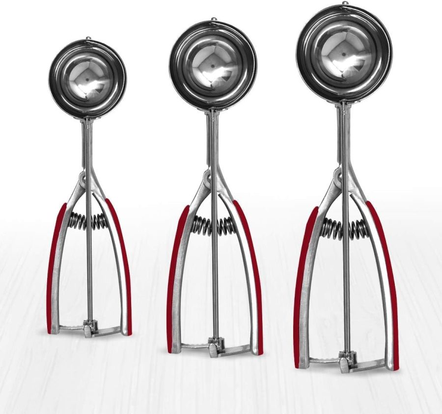 Stainless Steel Ice Cream and Cookie  3 Pack Stainless Steel Ice Cream and Cookie Scoops | With Red Rubber Grips – Spring Loaded Lever Design – For Sorbet, Melon, Meatballs, Muffins,