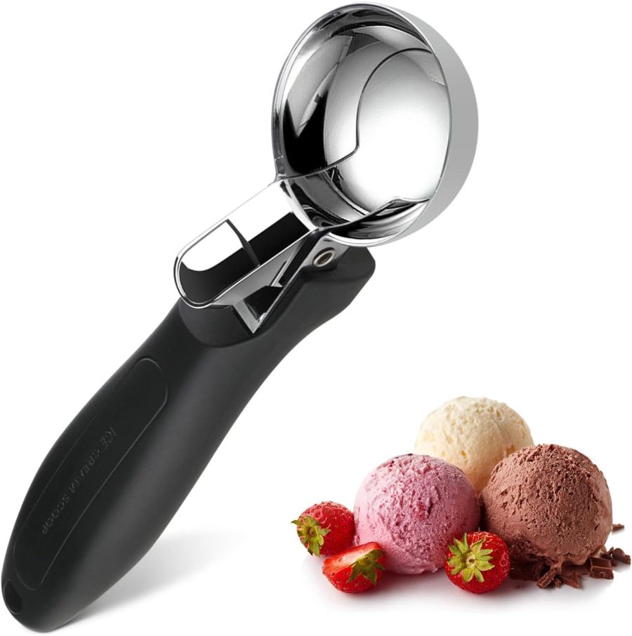 Ice Cream Scoop, Large Cookie Scoop with Ergonomic Soft Grip Handle, Heavy Duty Multifunctional Baking Scooper for Sundaes, Cupcake, Dough, Protein Balls and Meatballs, Black
