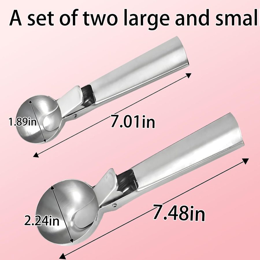 Premium Ice Cream Scoop Set,2 Pcs Stainless Steel Ice Cream Scoop-With Release Trigger,Heavy duty metal,Dishwasher Safe,Suitable for fruit,ice cream,frozen yogurt and sundaes,Small & large - Image 2