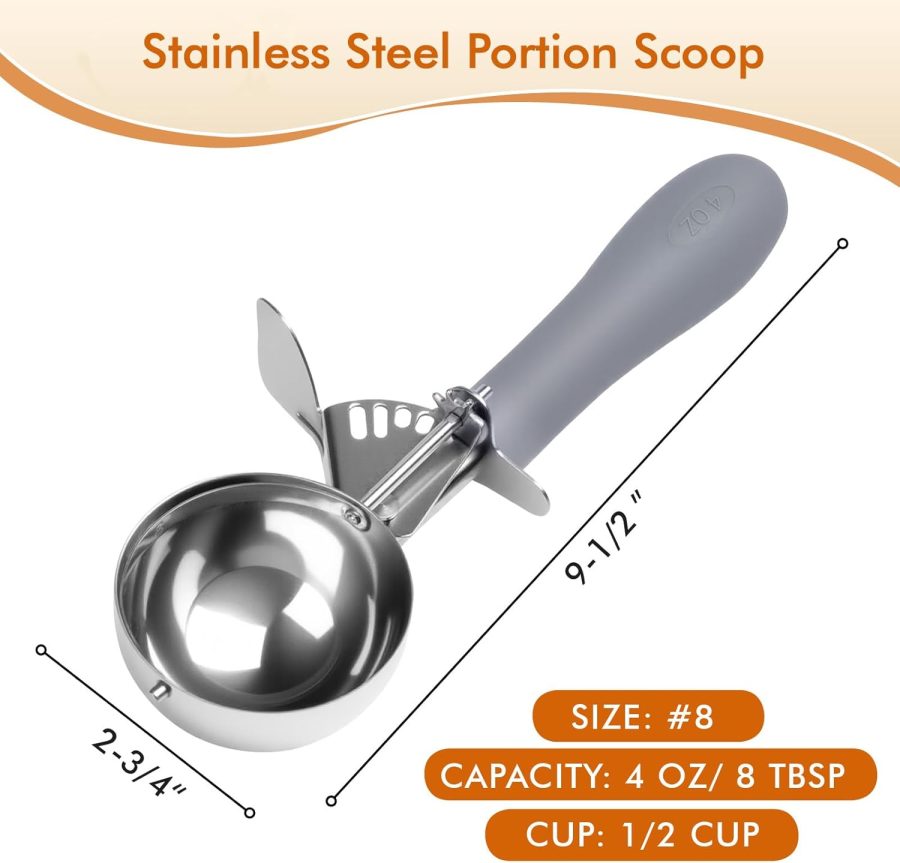 4 OZ Scoop, #8 Disher, Large Ice Cream Scoop with Trigger, Muffin Scoop, Large Cookie Scoops for Baking, Grey Handle, With Trigger for Portion Control - Image 2