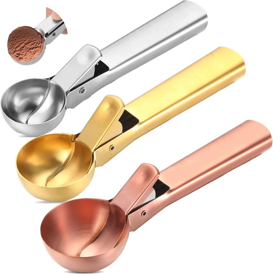 3 Pcs Ice Cream Scoops with Trigger Multiple Size Ice Cream Scooper Stainless Steel Cookie Scoop for Frozen Yogurt Gelatos Sundaes Baking Cookie(Rose Gold, Gold, Stainless Steel Color)