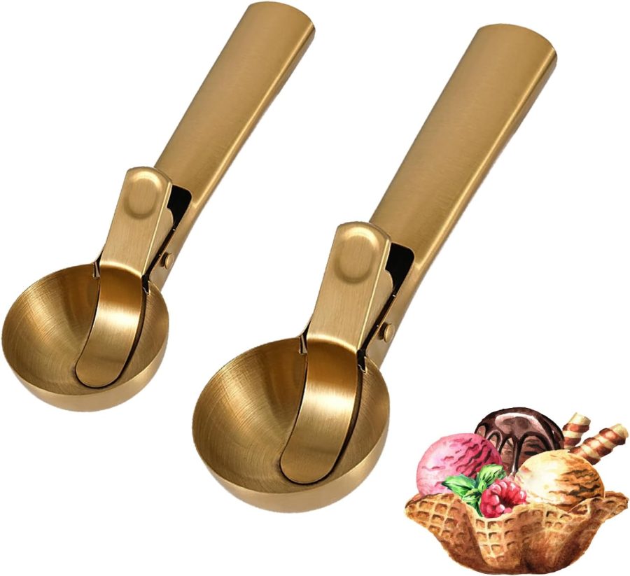 2 Pcs Ice Cream Scoop,Portable Stainless Steel Ice Cream Scoop, Icecream Scooper Spoon with Trigger Release for DIY Ice Cream,Fruit Scoop (Golden, Medium & Large)