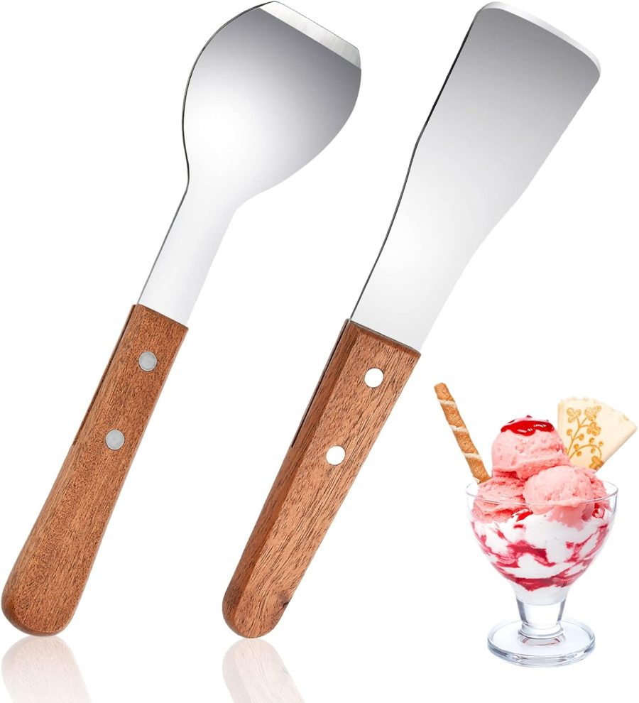 2 Pieces Ice Cream Scoop, Stainless Steel Ice Cream Shovel with Wooden Handle Metal Dessert Spade Butter Blade Cook Cake Scraper for Kitchen Party Wedding
