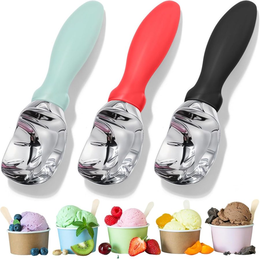 3 Pcs Ice Cream Scoop Stainless Steel Scoop with Grip Handle Heavy Duty Ice Cream Scooper Dishwasher Safe Kitchen Tool for Gelato Sorbet Cookie Dough Melon Fruit Frozen Yogurt