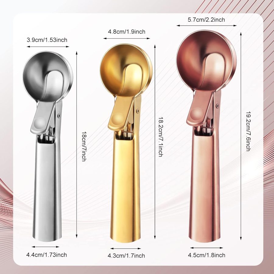 3 Pcs Ice Cream Scoops with Trigger Multiple Size Ice Cream Scooper Stainless Steel Cookie Scoop for Frozen Yogurt Gelatos Sundaes Baking Cookie(Rose Gold, Gold, Stainless Steel Color) - Image 2