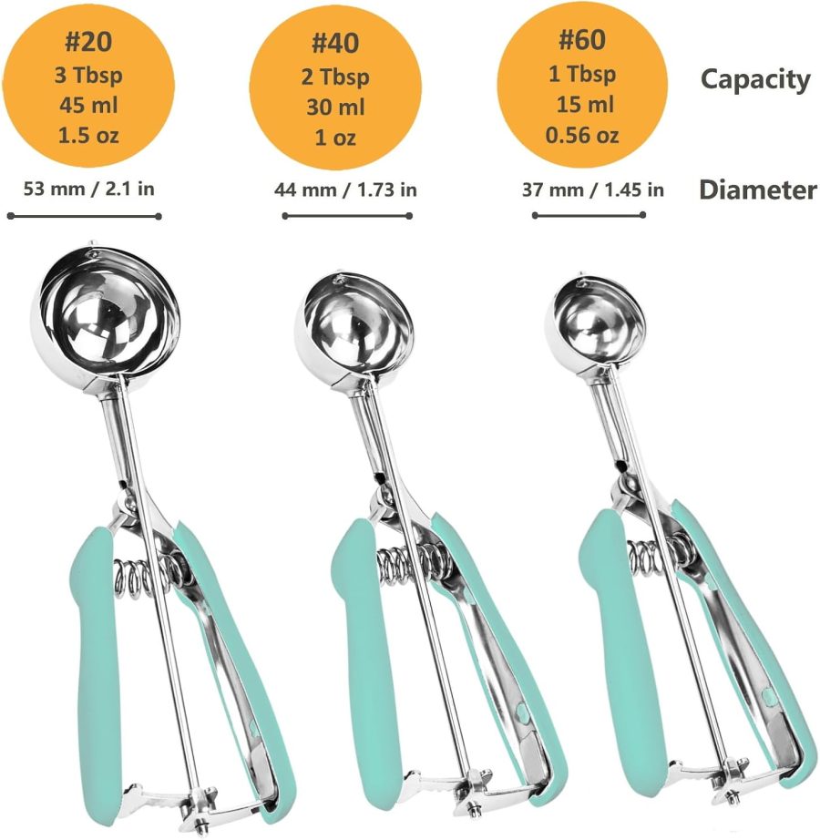 Cookie Scoop Set, 3Pcs Ice Cream Scoop, Cookie Scoops for Baking Set of 3, 18/8 Stainless Steel Cookie Scooper for Baking, Ice Cream Scooper with Trigger Release, Mint Soft Grip Cookie Dough Scoop - Image 2