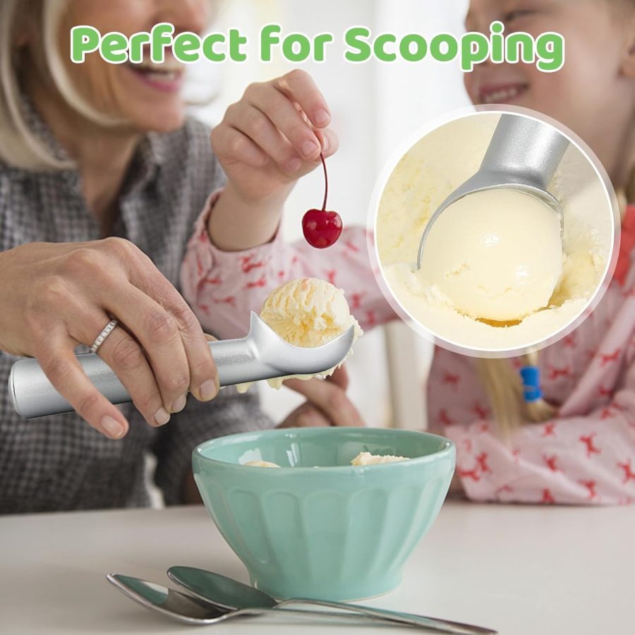 Ice Cream Scoop,7 inches Nonstick Anti-Freeze One Piece Aluminum Scooper Spoon, Heavy Duty Durable Design, Easy Clean, for Gelato, Cookie Dough, Sorbet, Almond (Silver) - Image 2