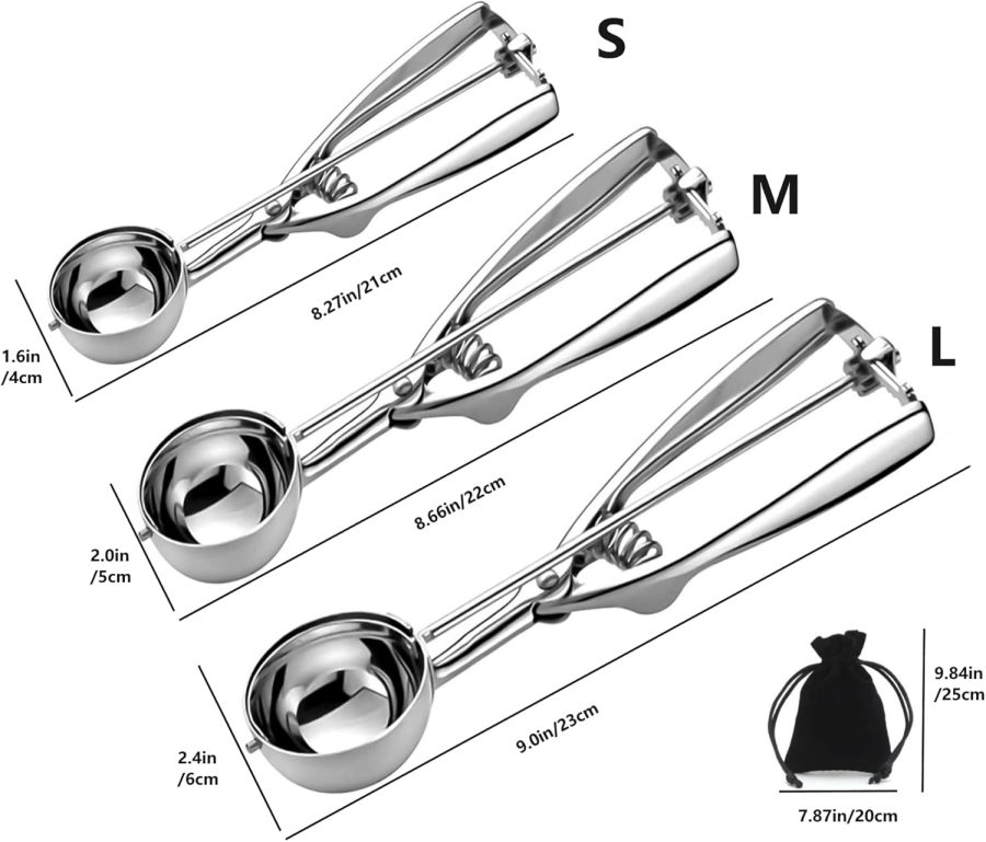 Ice Cream Scoop, 3Pcs Cookie Scoop Set, Stainless Steel Cookie Scoops for Baking Set of 3, Cookie Scooper for Baking, Ice Cream Scooper with Trigger Release, Cookie Dough Scoop - Image 2
