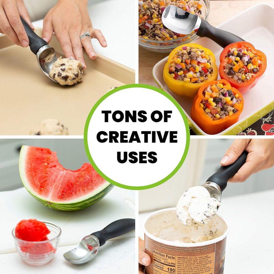 18/8 Stainless Steel Ice Cream Scoop with Soft Grip Handle - Heavy Duty Ice Cream Scooper for Gelato, Sorbet, Cookie Dough, Melon, Sundae - Dishwasher Safe Kitchen Tool - Black - Image 2